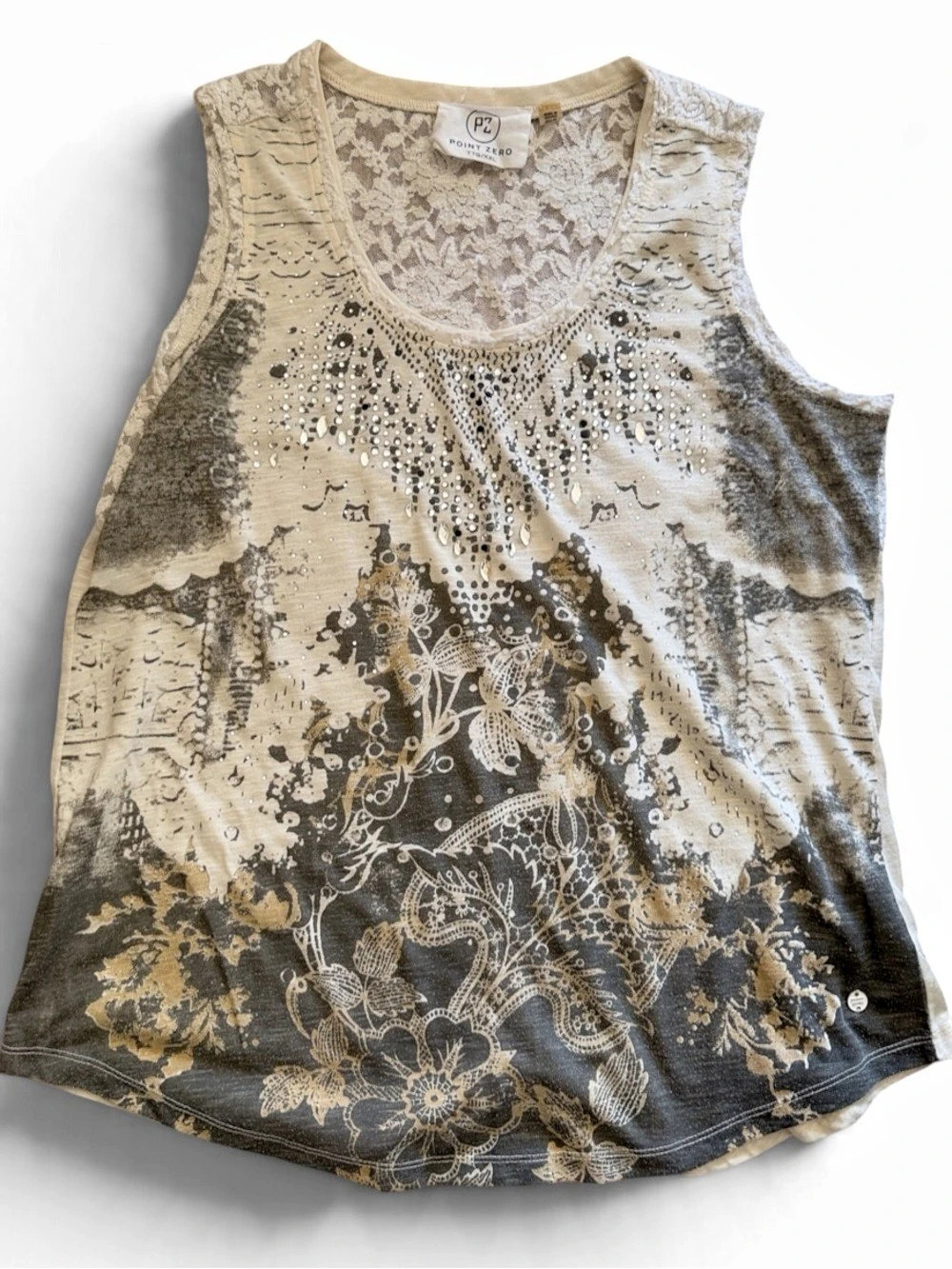 Point Zero Floral Lace Tank Top Gray & Cream XL Like New